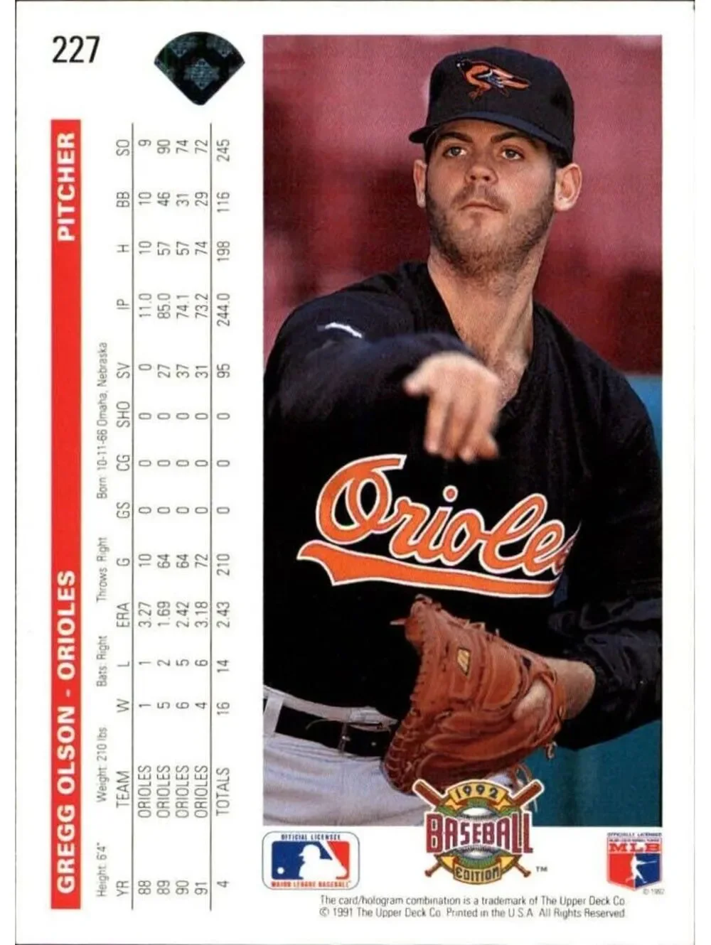 Gregg Olson 1992 Upper Deck MLB #227 Baseball Card Baltimore Orioles